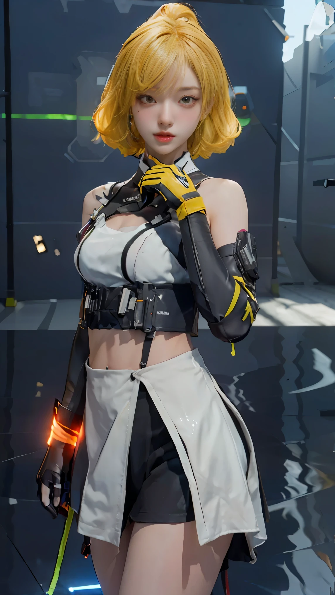 ((Best quality)), ((masterpiece)), (detailed:1.4), 3D, an image of a beautiful cyberpunk female, short yellow hair, red eyeys,HDR (High Dynamic Range),Ray Tracing,NVIDIA RTX,Super-Resolution,Unreal 5,Subsurface scattering,PBR Texturing,Post-processing,Anisotropic Filtering,Depth-of-field,Maximum clarity and sharpness,Multi-layered textures,Albedo and Specular maps,Surface shading,Accurate simulation of light-material interaction,Perfect proportions,Octane Render,Two-tone lighting,Wide aperture,Low ISO,White balance,Rule of thirds,8K RAW,