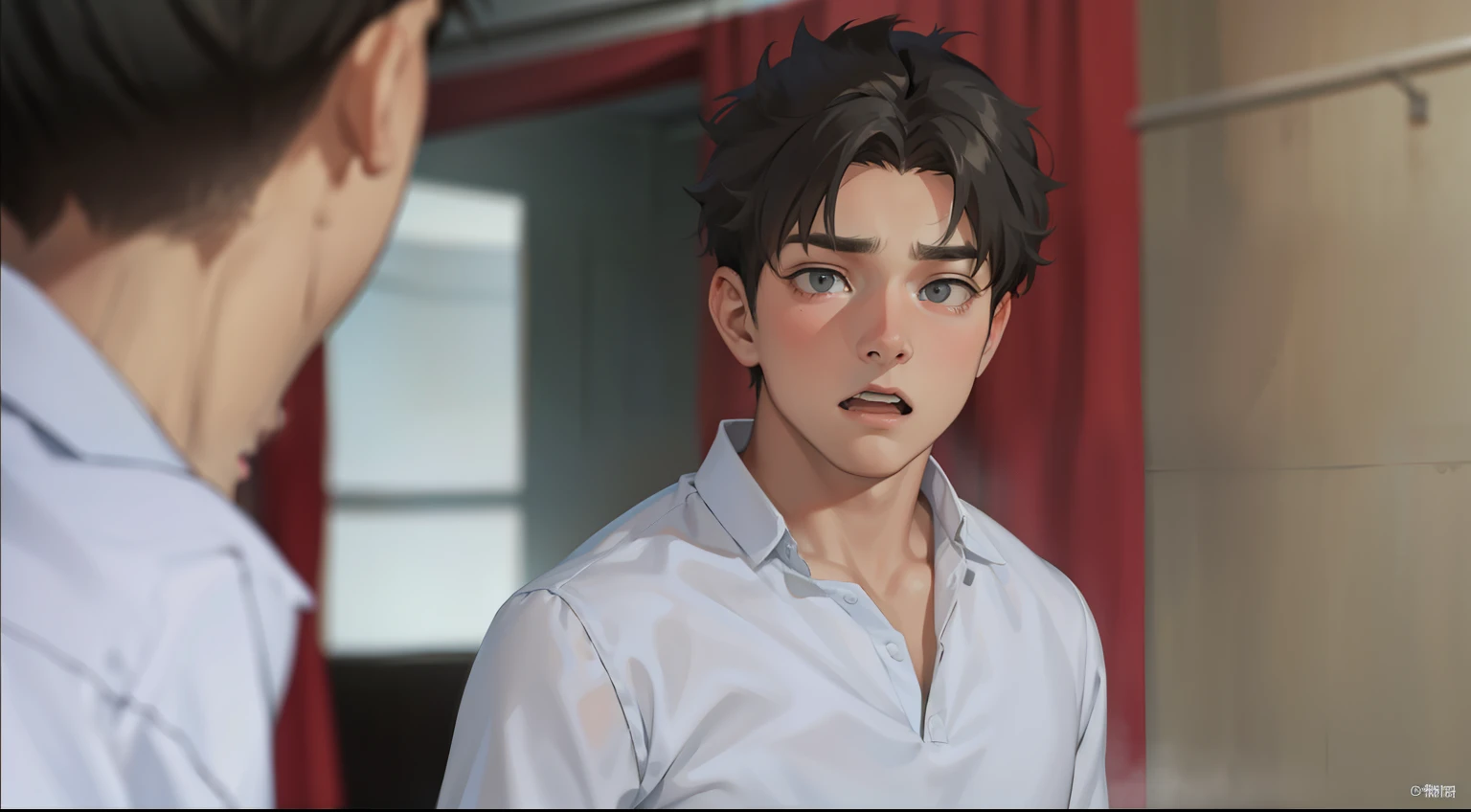 There is a 17-year-old boy with gray hair who is yelling at someone with a look of distrust.