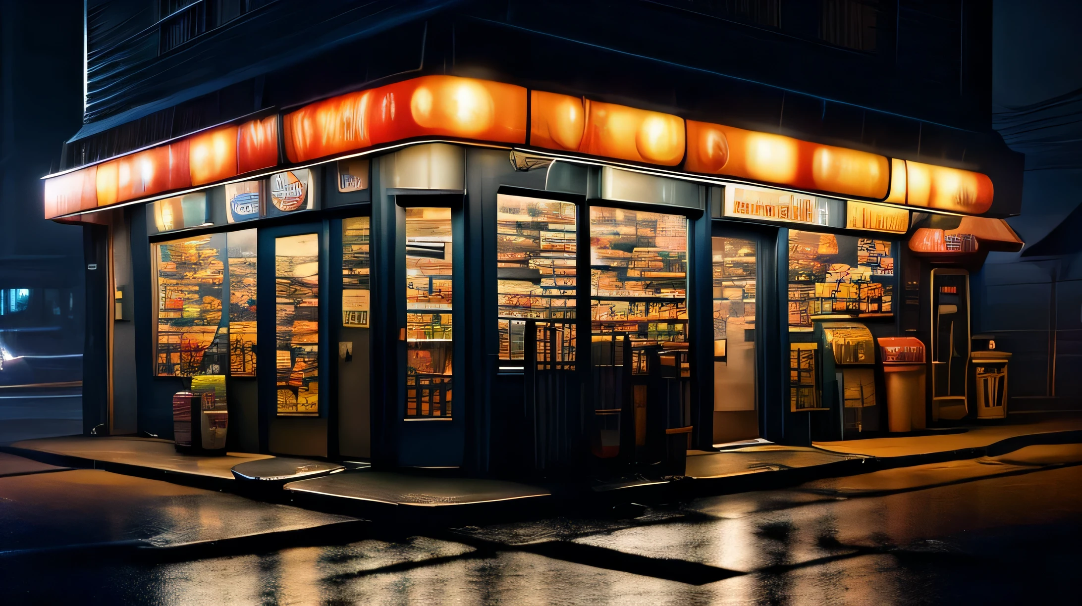 Shelves of a night grocery store: a girl in a midnight grocery store, detailed neon lights, shelves filled with snacks and drinks, the girl at the counter, wearing a uniform, a bored expression, small flashing lights, reflecting on the polished floor, late-night guests walking the alleys, mysterious atmosphere, dark shadows, strange silence, the sound of buzzing refrigerators, flickering fluorescent lights, empty streets outside, a row of parked bikes, distant floor lamps emitting a faint glow, dimly lit exterior panel, "Open 24 Hours", high quality image, 4k resolution, ultra-detailed and realistic rendering: 1.37, bright colors, cinematic feel