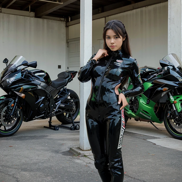 18 year old Cindy,posing next to a Kawasaki ninja wearing a tight leather racing suit.