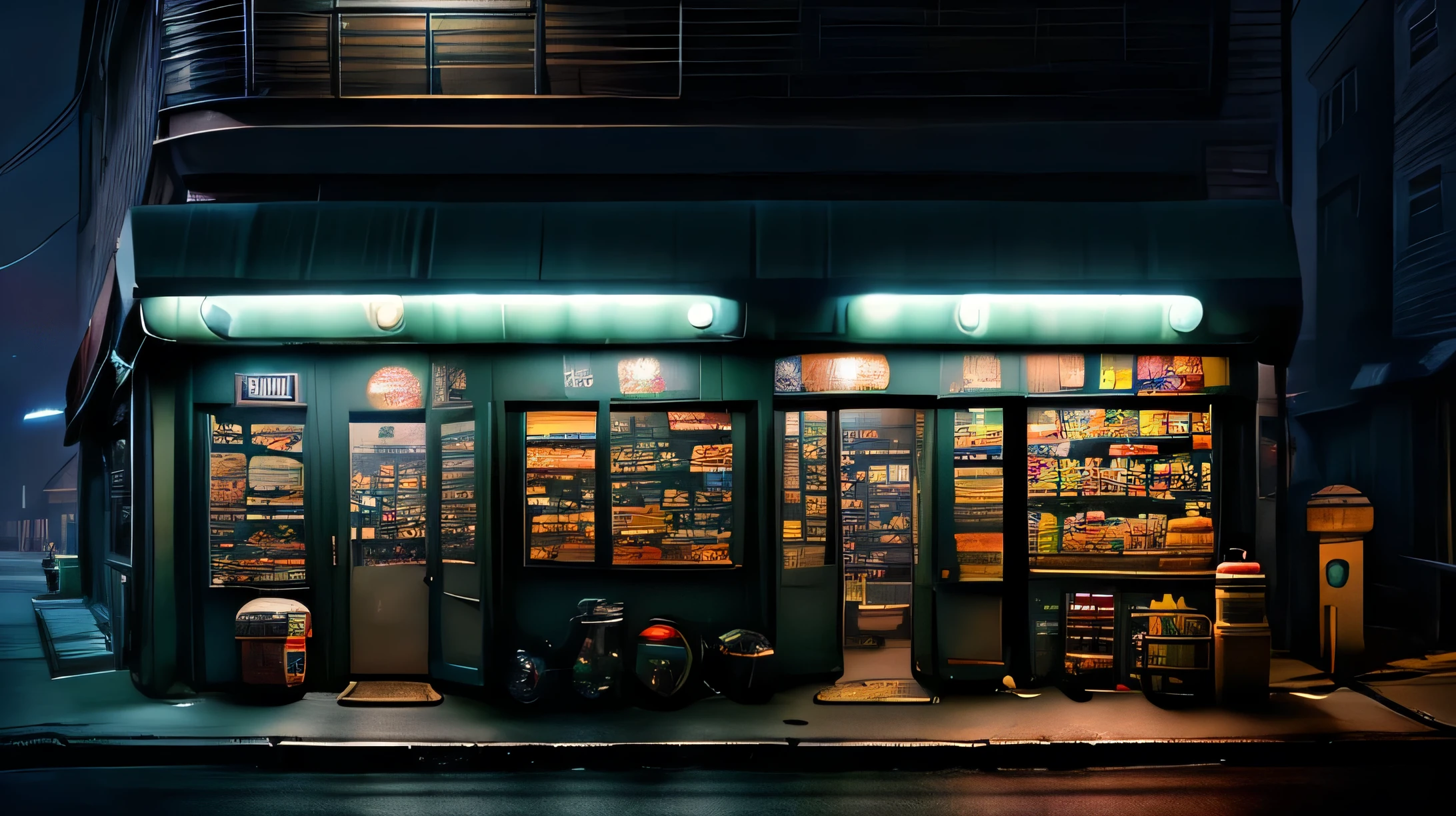 Shelves of a night grocery store: a girl in a midnight grocery store, detailed neon lights, shelves filled with snacks and drinks, the girl at the counter, wearing a uniform, a bored expression, small flashing lights, reflecting on the polished floor, late-night guests walking the alleys, mysterious atmosphere, dark shadows, strange silence, the sound of buzzing refrigerators, flickering fluorescent lights, empty streets outside, a row of parked bikes, distant floor lamps emitting a faint glow, dimly lit exterior panel, "Open 24 Hours", high quality image, 4k resolution, ultra-detailed and realistic rendering: 1.37, bright colors, cinematic feel