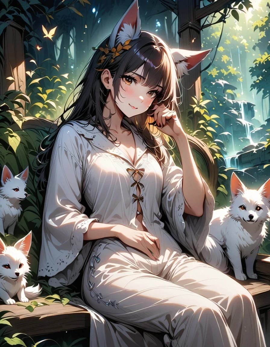 Professional, high-quality photos, 4K resolution, A charming girl captured in realistic detail，She&#39;s wearing fluffy white pajamas，ears and foxtails. She&#39;s sitting in the middle of the enchanted forest, Every element is perfectly depicted. Pajamas texture, Ears and tail are sharp and palpable. Sunlight falls on leaves，gently illuminates the girl&#39;s face, Highlight every delicate and charming expression  