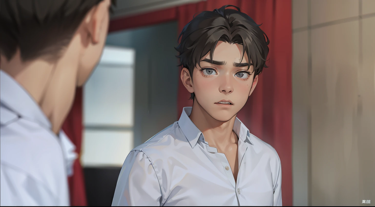 There is a 17-year-old gray-haired boy who is looking with disgust, irony, distrust.