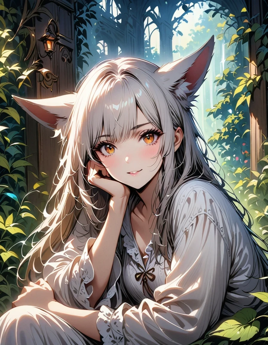Professional, high-quality photos, 4K resolution, A charming girl captured in realistic detail，She&#39;s wearing fluffy white pajamas，ears and foxtails. She&#39;s sitting in the middle of the enchanted forest, Every element is perfectly depicted. Pajamas texture, Ears and tail are sharp and palpable. Sunlight falls on leaves，gently illuminates the girl&#39;s face, Highlight every delicate and charming expression  