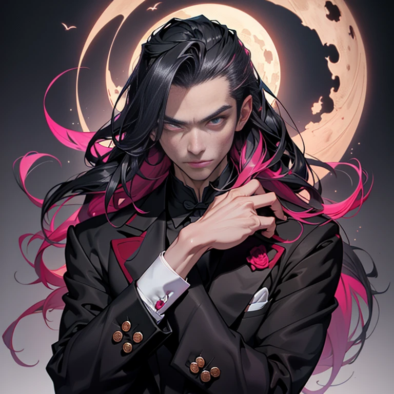 Chinese Male Illustration in Anime Style: Long Pink Hair, Middle-aged Man, Handsome Guy with a Black Rose, Confidently Looking at the Camera, Dracula-like Nobleman, Adorable Young Male with Attractive Masculinity, Dark Space, High-quality Ultra High Resolution Output Image (8K quality, Image mode Ultra HD), Nikon 8K Camera, Whole Body Portrait from the Front, Beautifully Detailed Fingers.

Dracula-like Nobleman: With long, flowing black hair and piercing, intense gaze, he wears a cool, tailored tuxedo that contrasts with the darkness of the space surrounding