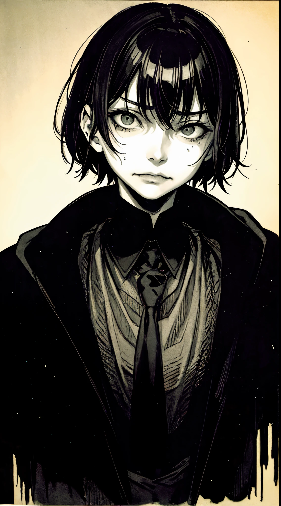 Portrait of a terrifying young woman, unsettling, eerie, creepy, dark colors, high contrast image, centered, summetrical, 8k resolution art, high details, art of Alfred Kubin, Alfred Stevens, Robert Farkas, Yoji Shinkawa, William Stout, Will Eisner, Tsutomu Nihei,