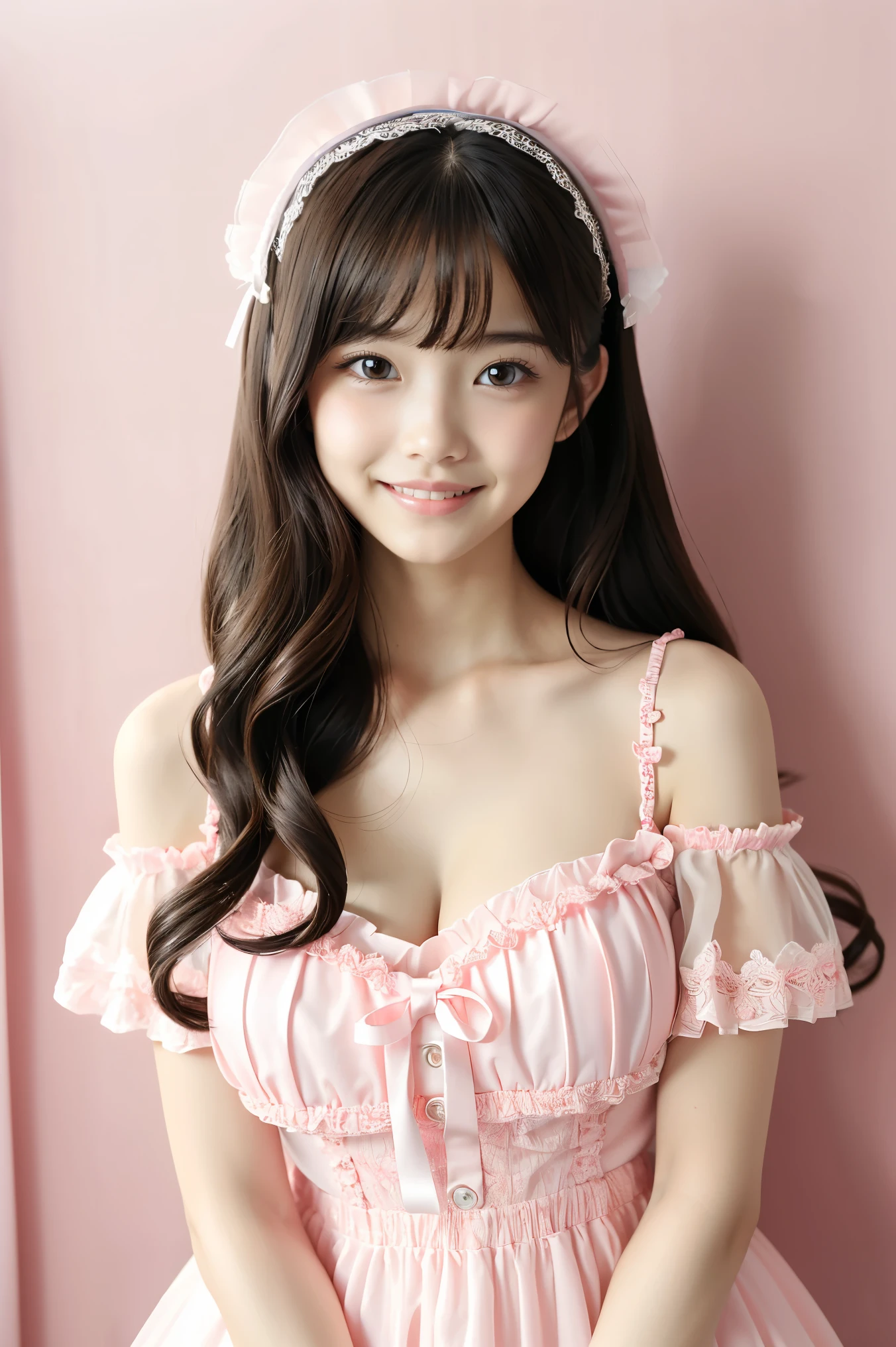 (highest quality、masterpiece、8K、best image quality、hyper realism、Award-winning work)、One Lolita girl、(alone:1.1)、(1 photo:1.1)、(Girly and cute light pink frilly sheer lolita dress:1.2)、(Cute girly big ribbon:1.1)、(Cute and luxurious hair accessories:1.1)、Girly lace decoration、Cute girl frills、(Cute girly lolita wavy hair:1.1)、(low length:1.1)、(height: 140cm:1.1)、(big breasts:1.1)、(Soft cleavage:1.1)、Cute heart decoration、Lots of cute frills、big cute ribbon、emphasize body line、slender body、Standing Elegantly、(Pastel colored girly lolita room background:1.1)、(A very bright lolita room background:1.1)、(Highly detailed and intricate cute lolita room background:1.1)、(Cute girly curtains in pastel colors:1.1)、(very bright and vivid:1.2)、(Cute girly wall decoration in pastel colors:1.1)、blurred background、Standing Elegantly女性の全身写真、accurate ???????、perfect makeup、long eyelashes、glossy lips、Ultra high definition glossy skin、(Ultra-high definition bright and beautiful skin:1.2)、超高精細のglossy lips、Super high definition beautiful teeth