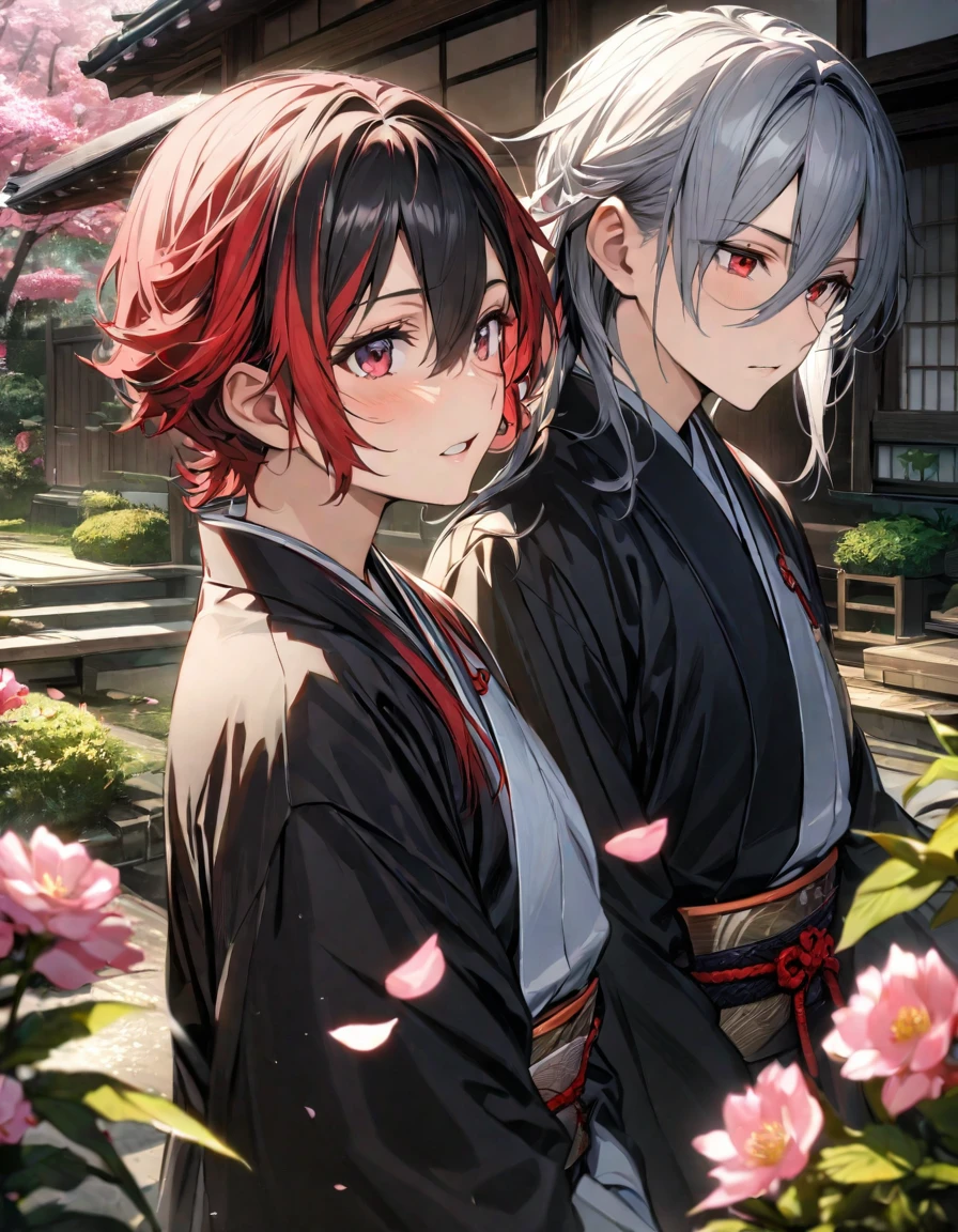 absurdres, highres, ultra detailed, HDR, master piece, best quality, Hizen Tadahiro, gemini hair, left side black hair, right side red hair, hair between the eyes, expressive red eyes, 1little boy, cute, black kimono, Japanese traditional residence, garden, pink flowers, pink petals, touken ranbu