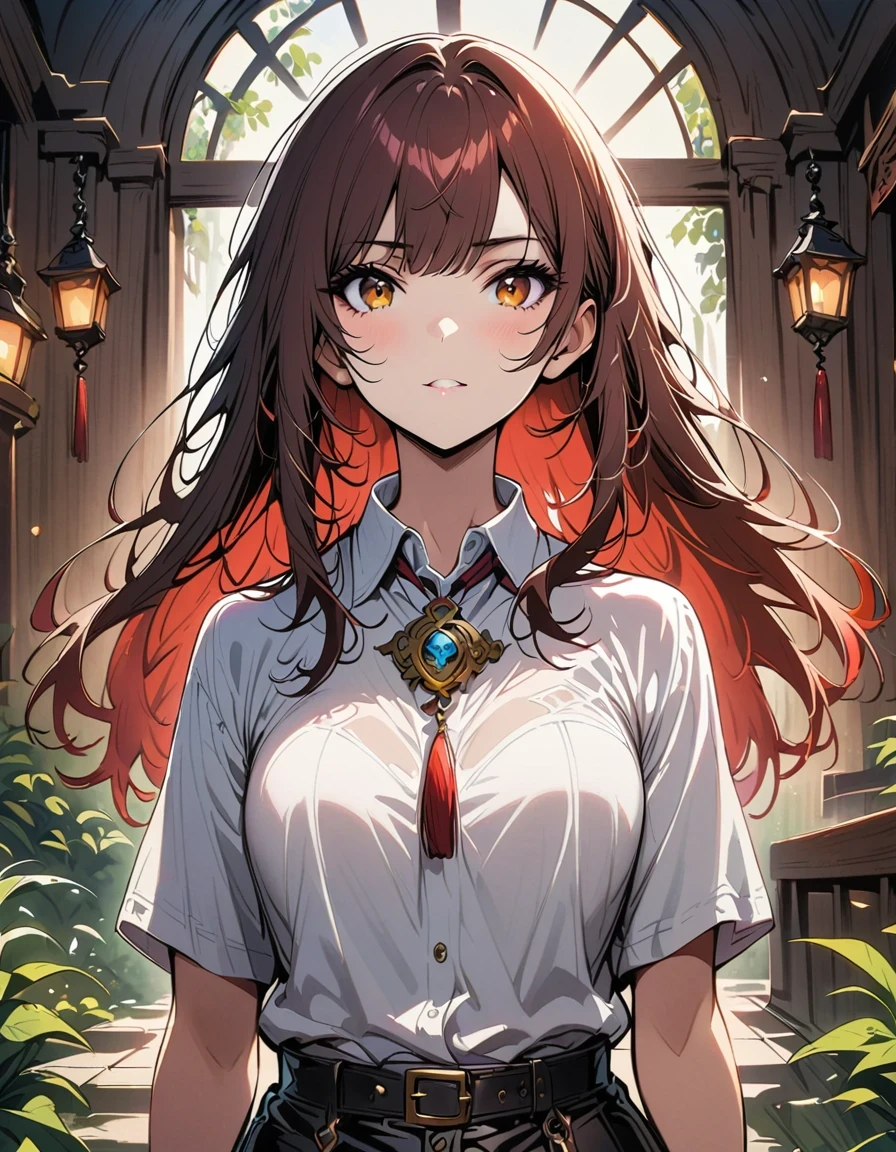 2d, masterpiece, best quality, Japanese cartoons, The facial details are very rich, highly detailed eyes, Very detailed background, perfect lighting, 1 girl, alone, whole body, permanent, Latex pantyhose, White shirt, Red hair, amulet
