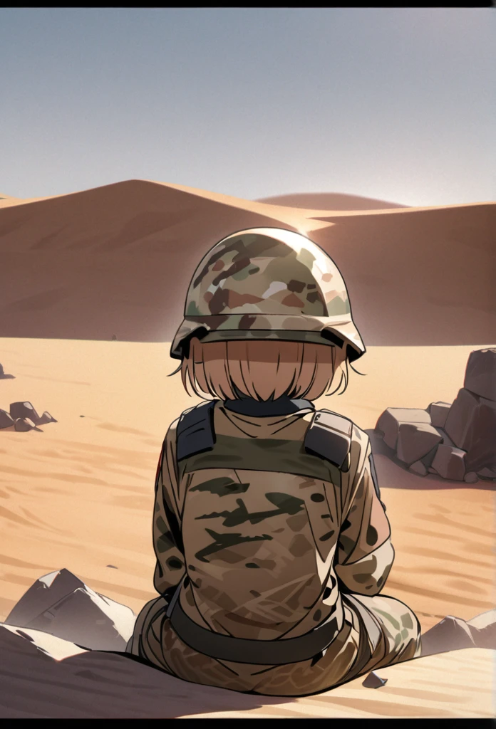 High quality, high definition images, full HD、8k.1 girl Short chestnut hair wearing US combat uniform Wear a helmet deeply,(desert camouflage)
 、Sitting on desert rubble, eating rations, coffee in hand,back view,Turn around and look embarrassed.close up face,
 