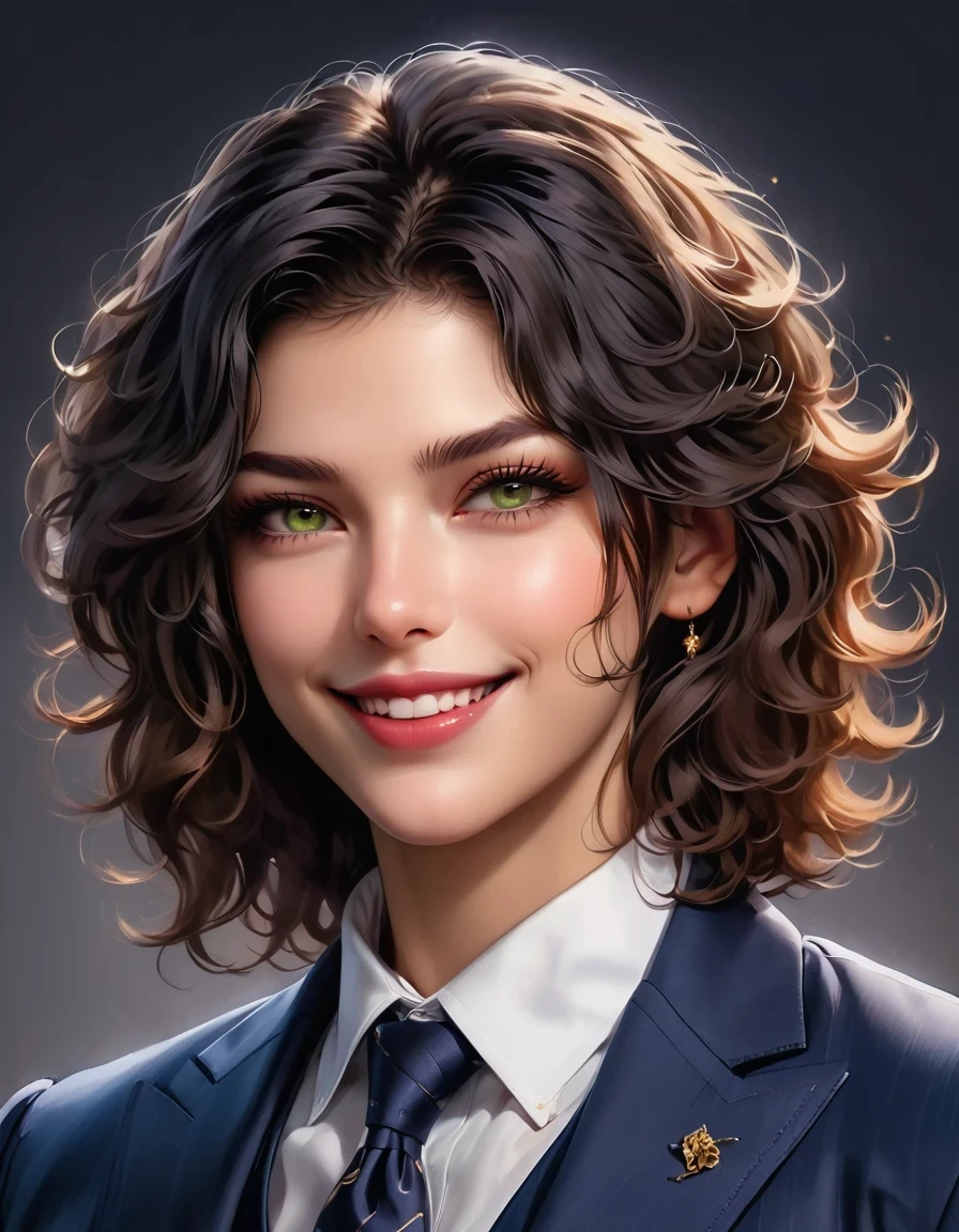 Charzim, head shot, (jacked Charzim, Bright hazel green eyes), (Low fade curly hairstyle:1.14), (sunburnt skin, 5 o&#39;clock shadow) ((giggle, shallow)), Detailed face, Detailed iris, plump lips, ((Lovely, Wear a modern and luxurious deep navy suit, Pocket handkerchief, shallow, Wavy low fade hairstyle)), ((gray background, symmetrical facial features)), intricate details, studio lighting, 80 mm, portrait, Shallow depth of field, CEO, giggle, happy