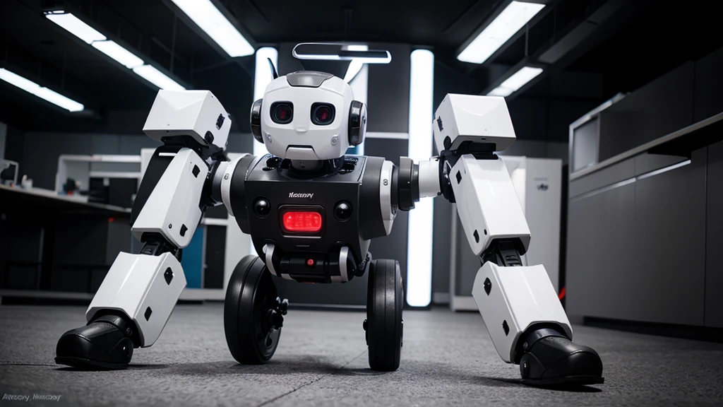 create mchinery robot in futuer, use colors black, grey and white