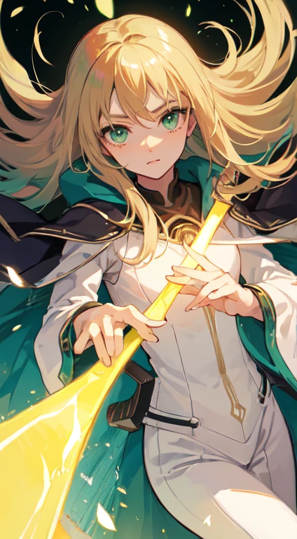 22-year-old female ,long blonde hair, green eyes, Thin, Big , queen, green sword, swordsman ,Western green guerrilla light equipment, Make it like tarot anime style but without the frame, Warm eyes , Wind attribute, blast, green beam, green energy, green particles