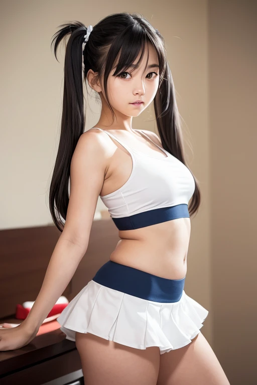 ((sfw: 1.4)), ((sfw, twintails hair, sidelocks-hair, 1 Girl)), Ultra High Resolution, (Realistic: 1.4), RAW Photo, Best Quality, (Photorealistic Stick), Focus, Soft Light, ((15 years old)), ((Japanese)), (( (young face))), (surface), (depth of field), masterpiece, (realistic), woman, bangs, ((1 girl)), shiny white bikini, blue skirt, mini skirt, dancing, reggae dance, hotel room, dark room,