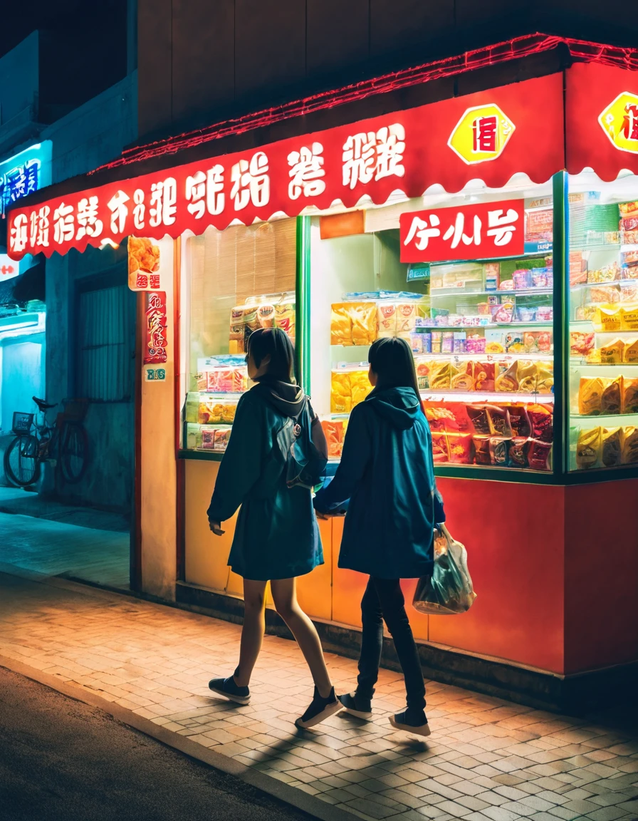 A couple girls going to midnight convenient store to buy some snacks. the store is in alone building in the middle of the night 