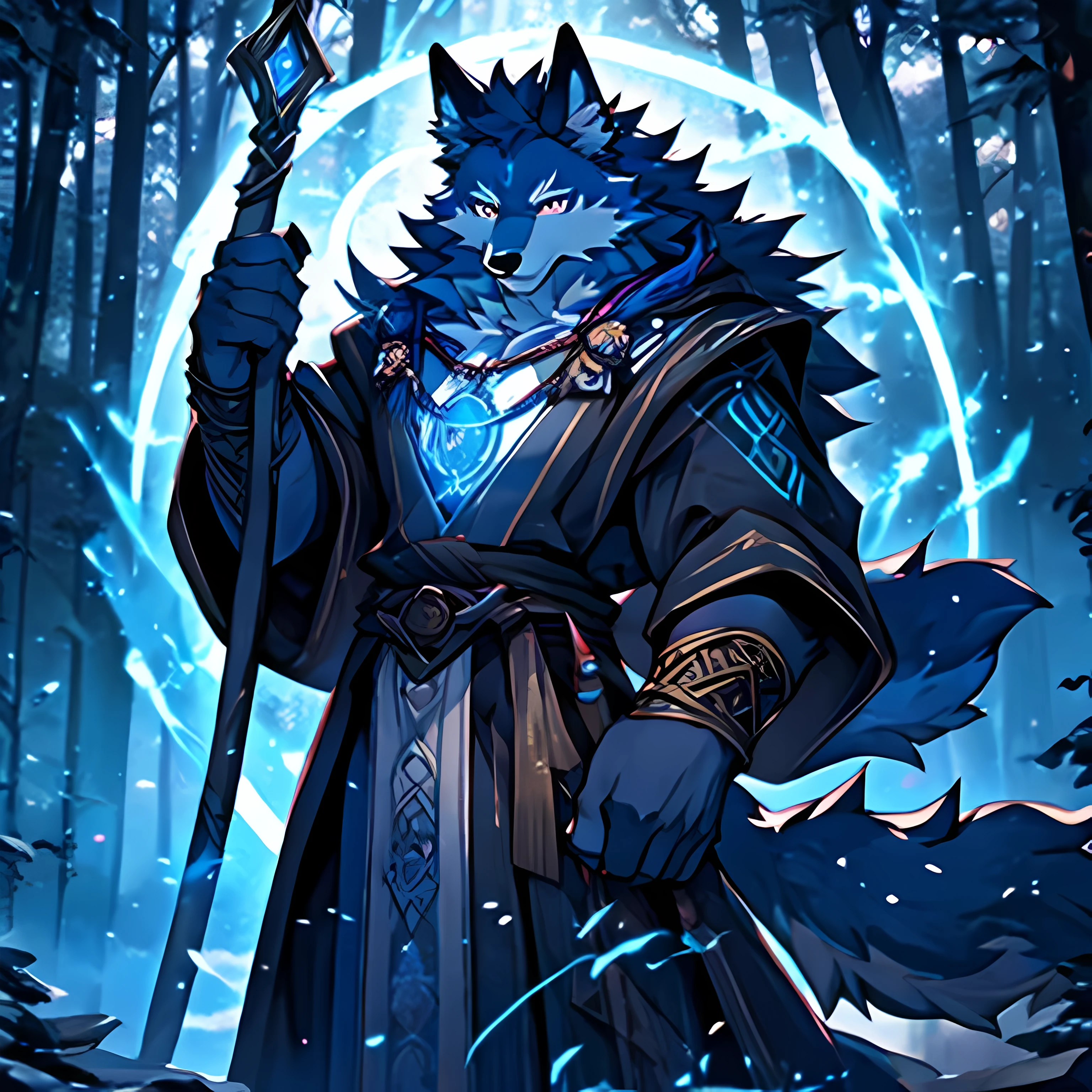 a furry wolf in an anime style, standing solo as a mage or wizard, with a majestic magic aura and detailed magical effects. The wolf has striking and vibrant fur, with intricate patterns and flowing mane. The mage or wizard is dressed in robes adorned with mystical symbols and carries a staff or wand. The scene is set in a mystical forest with softly glowing trees and magical elements. The color palette is rich and vibrant, with deep hues of blues and purples, complemented by glowing golden accents. The lighting is atmospheric, casting soft rays of light through the trees, creating an ethereal and otherworldly atmosphere. The artwork is of the highest quality, with ultra-detailed and realistic rendering, capturing every strand of fur and intricate details of the magic effects. The overall image is enchanting and captivating, evoking a sense of wonder and magic. [anime, furry, wolf, solo, mage, wizard, magic aura, magic, majestic, detailed fur, flowing mane, mystical forest, vibrant colors, glowing trees, golden accents, atmospheric lighting, high quality, ultra-detailed, realistic]