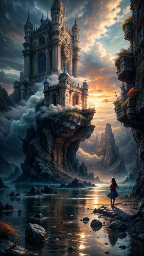 (masterpiece, best quality:1.2), Super details, movie lighting, high dynamic range, illustration, huge rocks serve as habitats in the sea, Fall, cloud, fog, Half water, coral, mullet, rich and colorful, Woman traveling, mystery, Very detailed, high contrast, golden ratio composition, Epic views, masterpiece