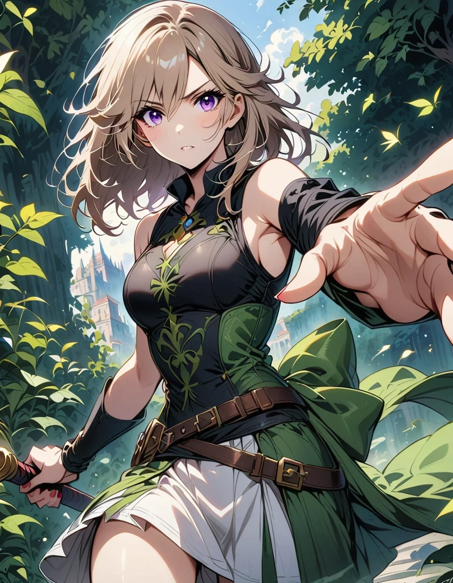 italian girl anime version (Control the power of the wind, Purple eyes and light brown medium hair, Italian green and black sleeveless clothes and jackets)