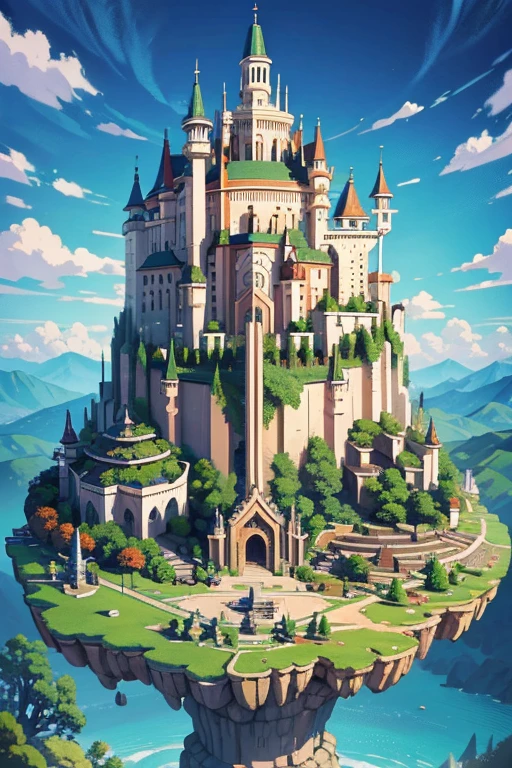 fantasy world, ciudad, Surrounded by mountains, estilo pixel art