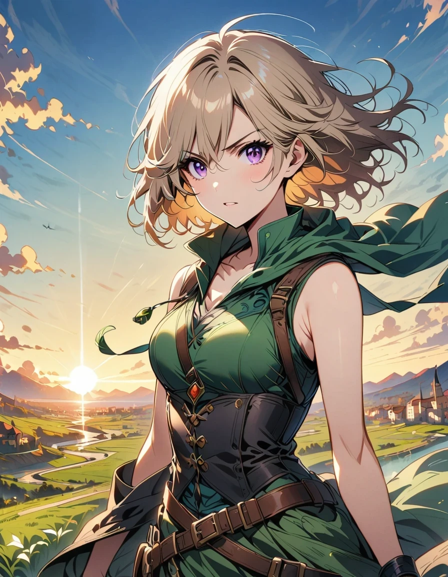 italian girl anime version (Control the power of the wind, Purple eyes and light brown medium hair, Italian green and black sleeveless clothes and jackets)