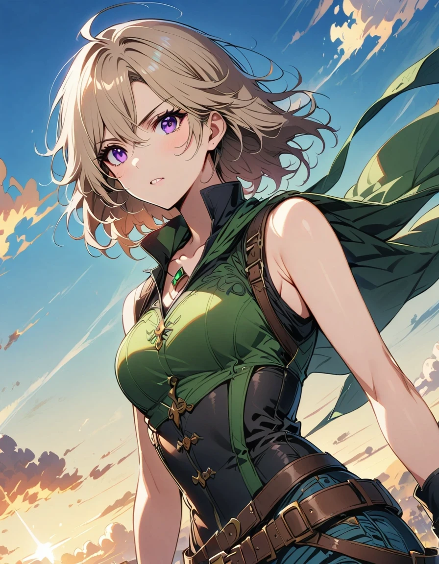 italian girl anime version (Control the power of the wind, Purple eyes and light brown medium hair, Italian green and black sleeveless clothes and jackets)