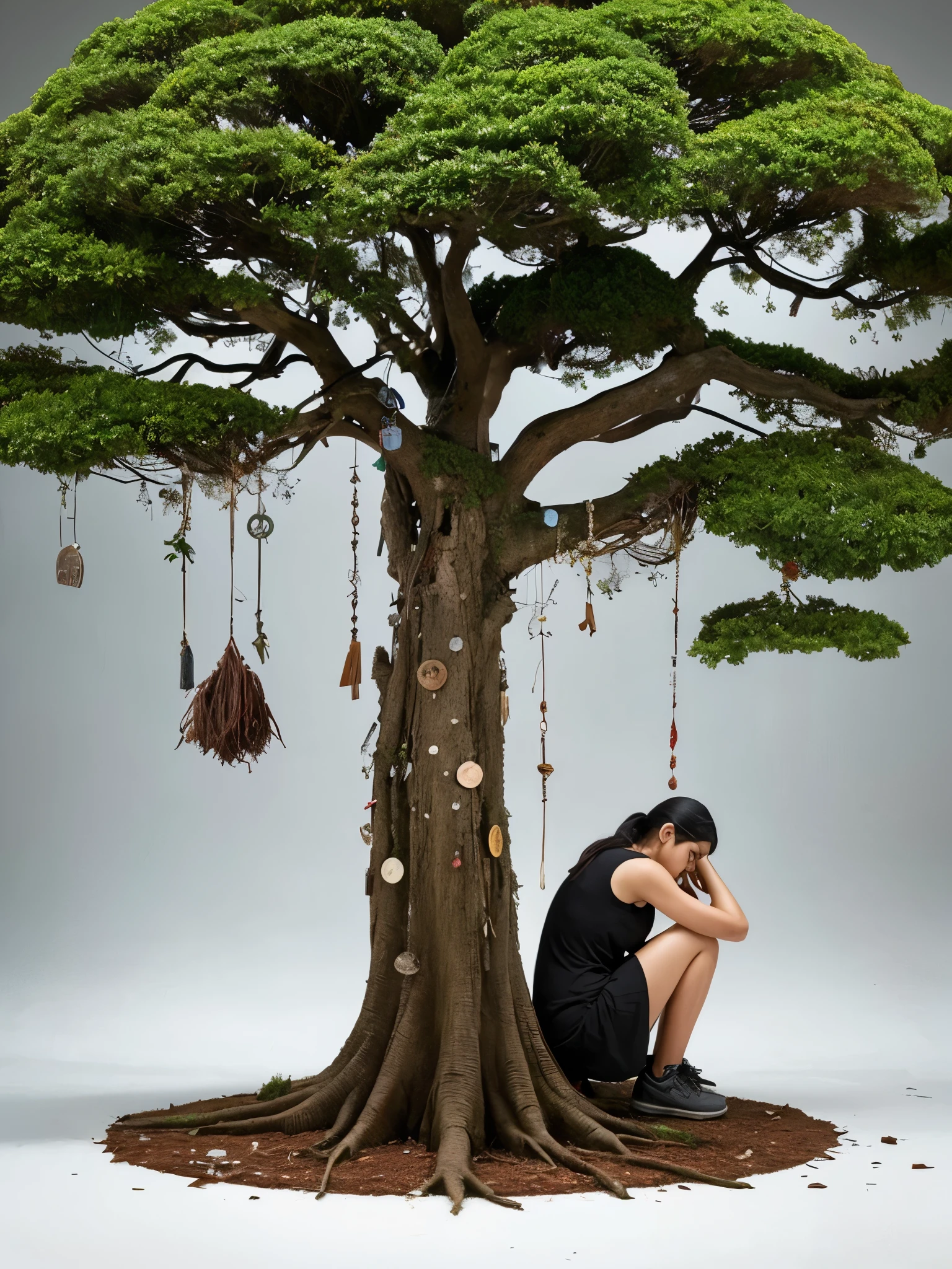 Tattoo of a withered tree with deep roots that represents the burden of family responsibilities. En sus ramas, Broken dreams are intertwined with tears, symbolizing sadness and frustration. En el fondo, An unbalanced scale represents the pressure of wanting to help others. and somewhere, a broken coin symbolizes the pursuit of material wealth. What do you think of this representation??