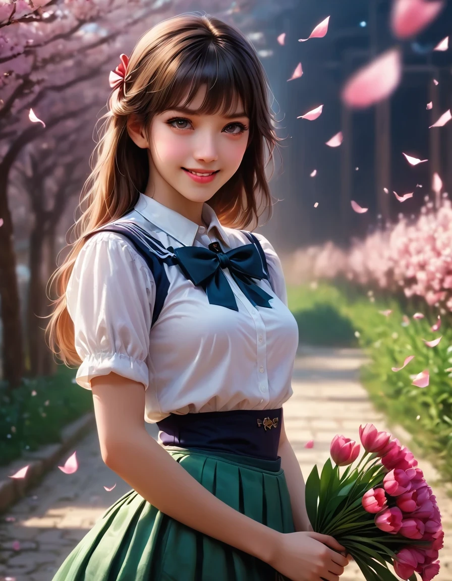 middle view, medium shot, depth of field, broken to pieces, Upper body, movie angle, masterpiece, best quality, super detailed, CG, 8k wallpaper, pretty face, exquisite eyes, a girl, alone, Smile, Bangs, skirt, shirt, have, skirt, bow, petal, bouquet