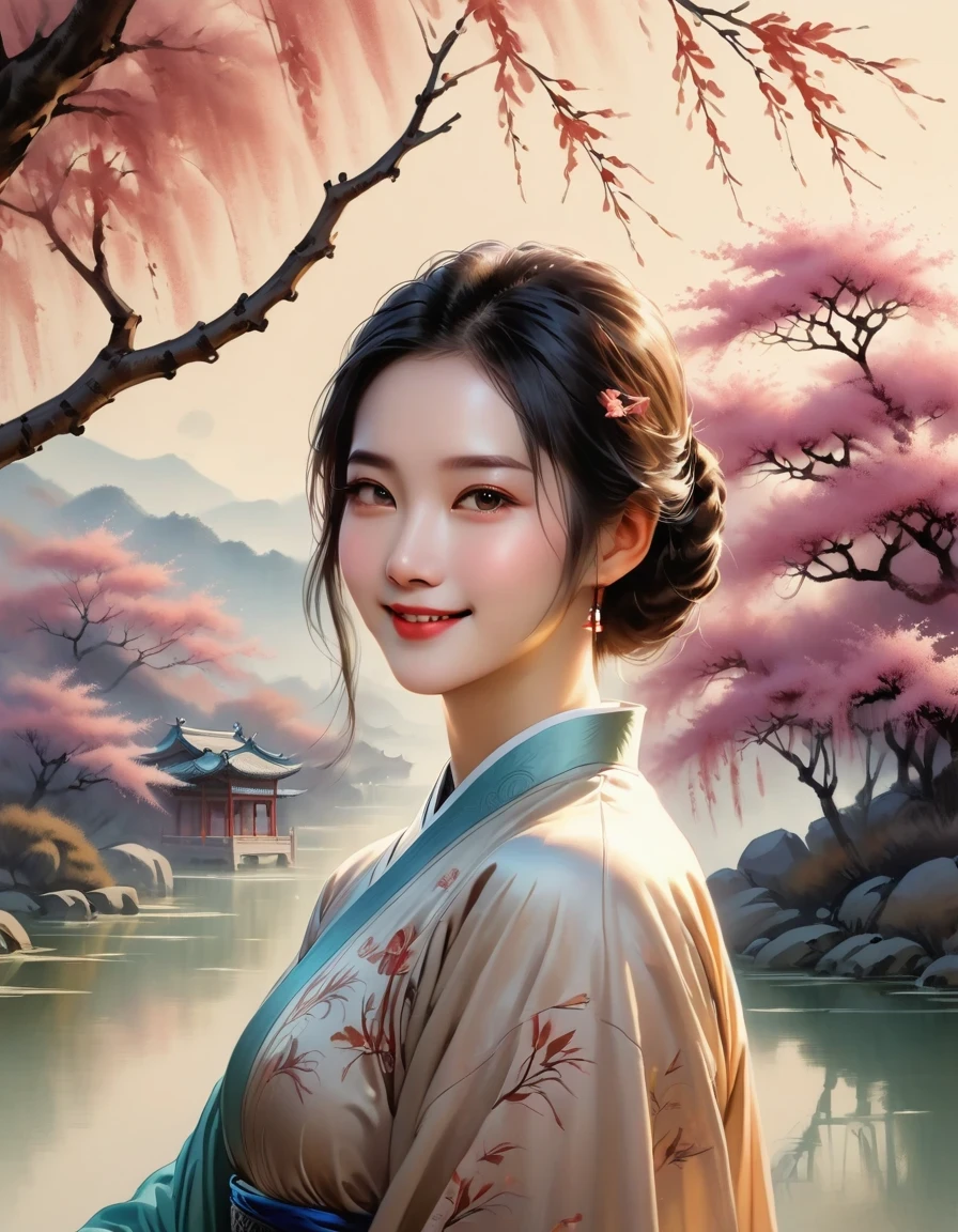 Shukzuma, negative space, , Ink Bismuth , Portrait of a woman standing , willow branch, (masterpiece, best quality:1.2), Chinese traditional ink painting, Model shooting style, peaceful, (Smile), looking at the audience, Wearing long hanfu, hanfu, song, willow tree in background, wuchangshuo,
