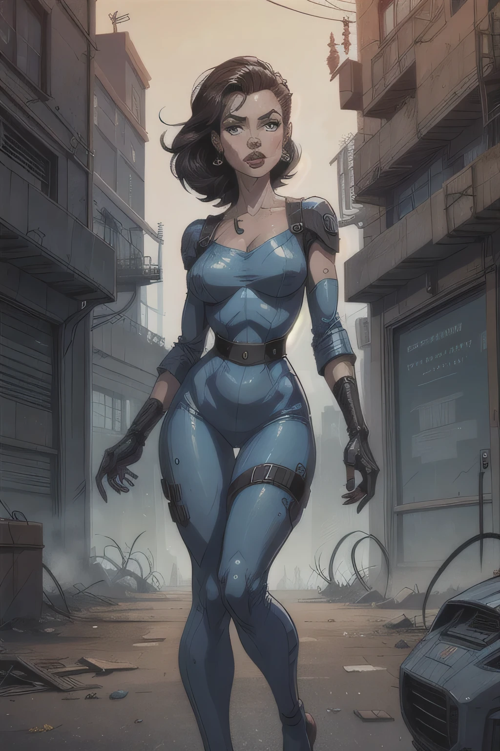 Garota , 20 anos , loira, wearing a blue jumpsuit , in a post apocalyptic cyber retro 60s world