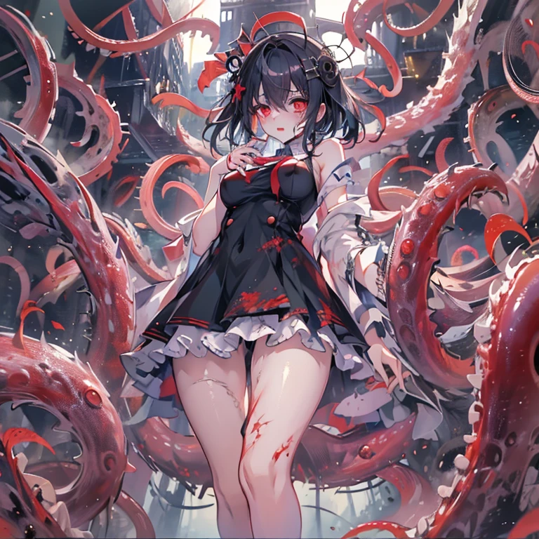 masterpiece, best quality, masterpiece,best quality,official art,extremely detailed CG unity 8k wallpaper, show foot, ***********, solo, kawaii, no_humans, medium hair, black hair, tentacle hair, saliva, blood on face, light blush, red eyes, blood from eyes, large breasts, hanging breasts, one breast out, seifuku, black pantyhose, uwabaki, tentacle, vore, bdsm, girl_on_top, sex, femdom, facesitting, pussy_juice, female_ejaculation, cum, zombie  girl ，one girl one boy，