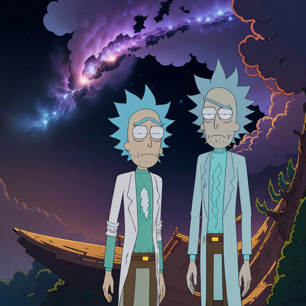 (best quality,ultra-detailed,8k,extremely detailed CG Unity wallpaper:1.2),kirigami,paper art panorama,detailed eyes,detailed faces of Rick Sanchez and Morty Smith, bright sky nebula,2 guys aged 16,one stands on the shoulders of the other