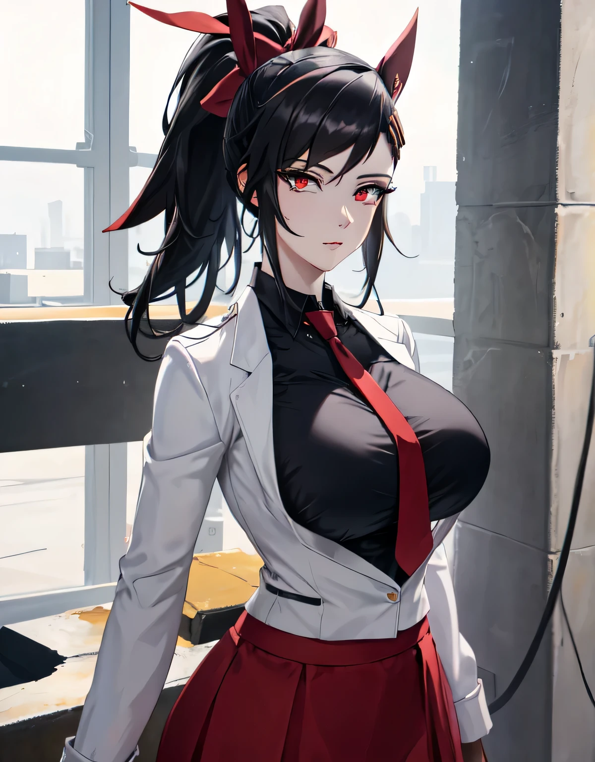 ha yuri zahard,shiny skin,(red eyes),white jacket,black shirt,necktie,red skirt,ponytail,hair ribbon,(large breasts:1.5),(shiny hair),((solo)),((masterpiece)),((best quality)),perfect anatomy,slim waist,perfect image,8k UHD,(beautiful detailed eyes:1.5),extremely detailed face,standing,(upper body:1.3),(look at the front:1.5),arms behindback,ultra-detailed,absurdres,highres,indoor arena,