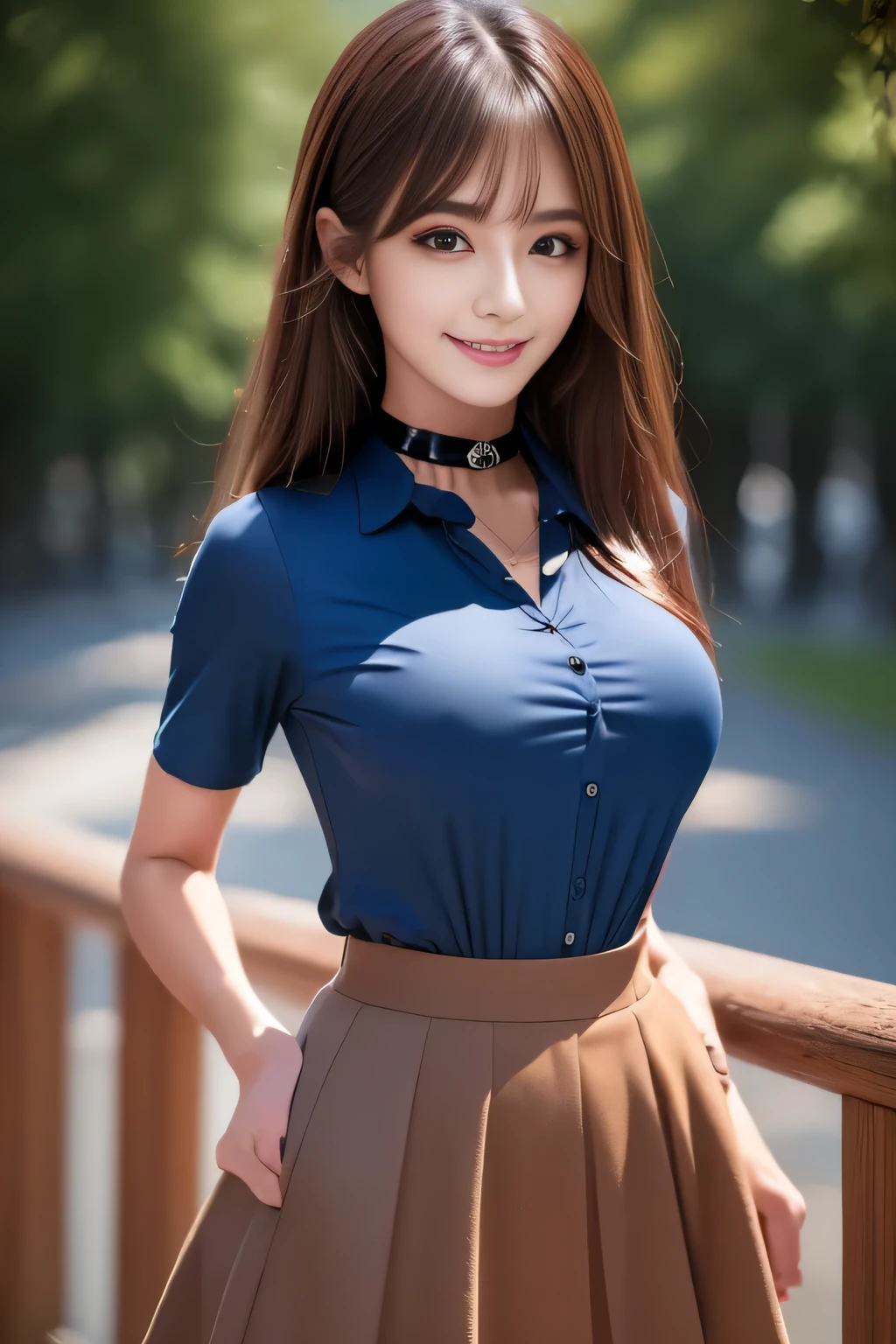 ((highest quality, 8K, Representative works in detail, ultra high resolution)), (looking at the viewer), (cowboy shot), attractive woman, ((big breasts)),  smile, ((black choker)), slim body shape, (Blue colored contacts), long eyelashes, bangs, Beautiful shiny brown hair, Nogizaka Idol, slim face、((shirt、skirt))