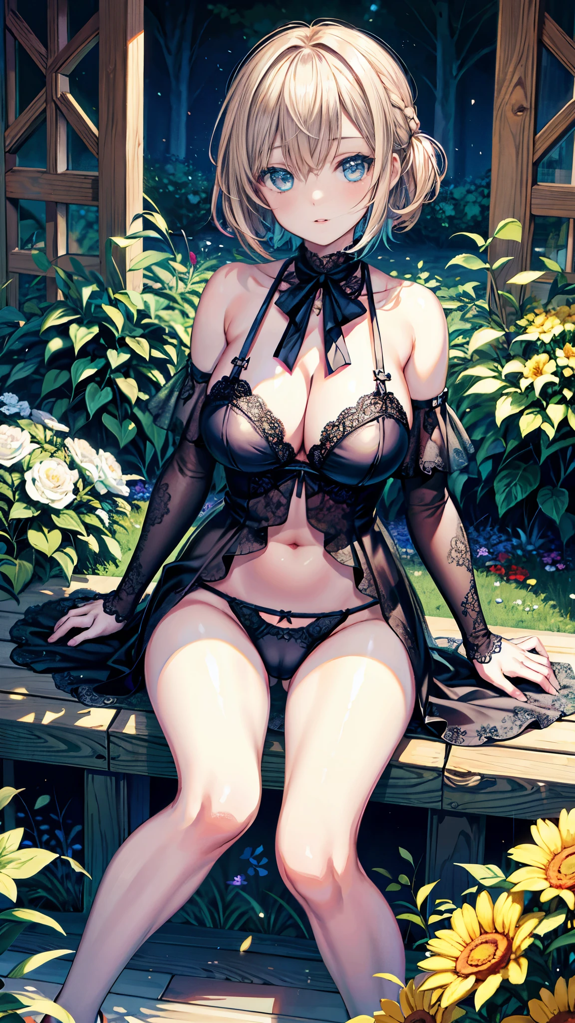 (Raw photo:1.2), (Photorealistic), Beautiful detailed girl, Very detailed eyes and face, Beautiful detailed eyes, Huge file size, High resolution, Very detailed, Best Quality, [masterpiece:1.6], Illustration, Very detailed, Fine detail, Best Quality, 32K Wallpaper, intricate details, in the garden, colorful flowers, beautiful young woman, short height, pixie cur hair, medium breast, low cut panties and bra, full body photo, cameltoe, sitting
