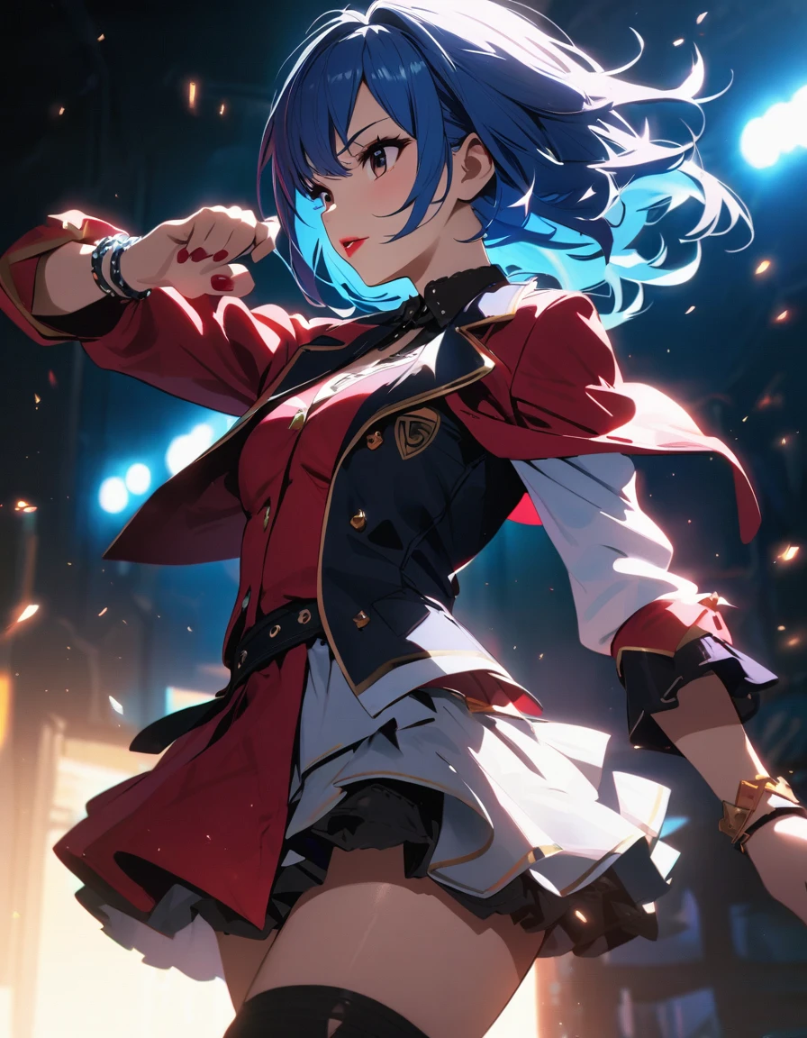 High quality, detailed, girl, K-pop idol, princess, young and beautiful, cinematic light, dramatic light, best quality, 4K UHD, high resolution, mini skirt, red boots, blazer, bracelet, fighting pose, red lips, blue hair, black eyes