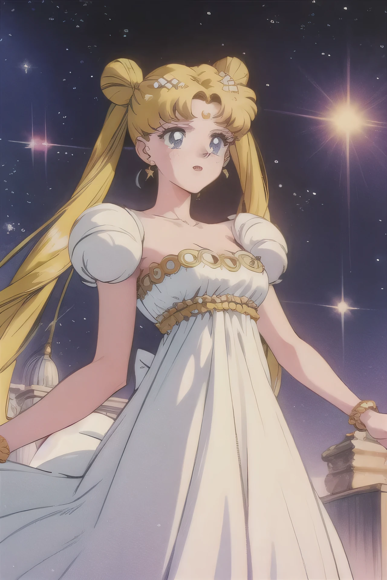 1990s \(style\), anime screencap, retro artstyle, anime coloring, traditional media, 1 girl, solo, princessserenity, blonde hair, hair ornament, forehead mark, earrings, white dress, stars background 