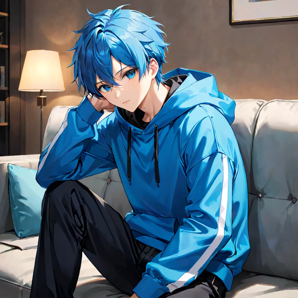 Anime ai is a handsome young man with a normal body posture, tall, has blue hair, blue eyes, wears a blue hoodie and black trousers,sitting on the sofa