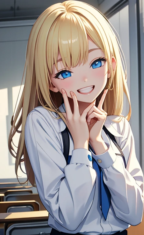 (realistic:1.4、masterpiece、top-quality、8k size wallpaper、offcial art)、(portrait,upper body:1.6)、(1girl),(grin,Open mouth:1.3),(half closed eyes),cute face,blue eyes、(stretch your index finger in front of your face:1.5)、beautiful fingers:1.3,
,(stand,leaning forward),(Shining smile),(precise fingers:1.5),
,(slender),(school uniform),(long fluorescence blonde hair1.3), (small breasts)、
、fluorescence、classroom,JK、