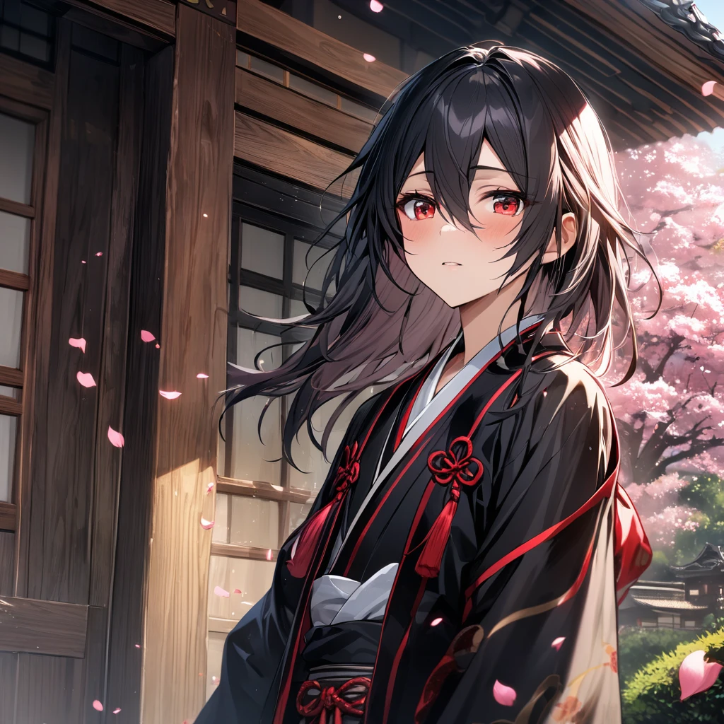 absurdres, highres, ultra detailed, HDR, master piece, best quality, Hizen Tadahiro, gemini hair, left side of the hair red, right side of the hair black, hair between the eyes, expressive red eyes, solo, 1little boy, cute, black kimono, Japanese traditional residence, garden, pink flowers, pink petals, touken ranbu
