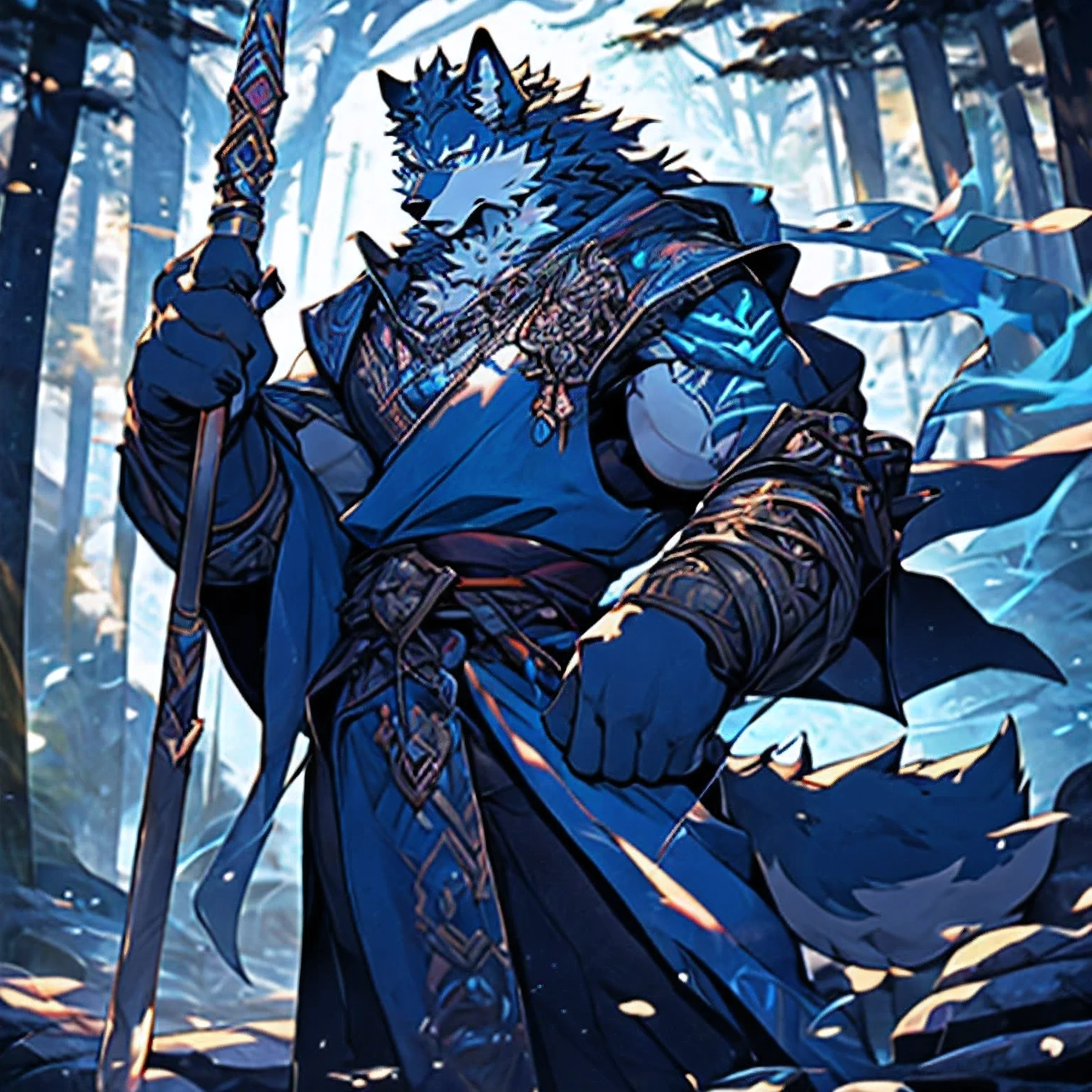 a furry wolf in an anime style, standing solo as a mage or wizard, with a majestic magic aura and detailed magical effects. The wolf has striking and vibrant fur, with intricate patterns and flowing mane. The mage or wizard is dressed in robes adorned with mystical symbols and carries a staff or wand. The scene is set in a mystical forest with softly glowing trees and magical elements. The color palette is rich and vibrant, with deep hues of blues and purples, complemented by glowing golden accents. The lighting is atmospheric, casting soft rays of light through the trees, creating an ethereal and otherworldly atmosphere. The artwork is of the highest quality, with ultra-detailed and realistic rendering, capturing every strand of fur and intricate details of the magic effects. The overall image is enchanting and captivating, evoking a sense of wonder and magic. [anime, furry, wolf, solo, mage, wizard, magic aura, magic, majestic, detailed fur, flowing mane, mystical forest, vibrant colors, glowing trees, golden accents, atmospheric lighting, high quality, ultra-detailed, realistic]