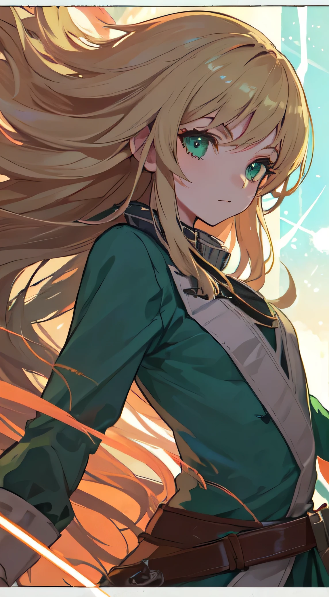 22-year-old female ,long blonde hair, green eyes, Thin, Big , queen, green sword, swordsman ,Western green guerrilla light equipment, Make it like tarot anime style but without the frame, Warm eyes , Wind attribute, blast, green beam, green energy, green particles