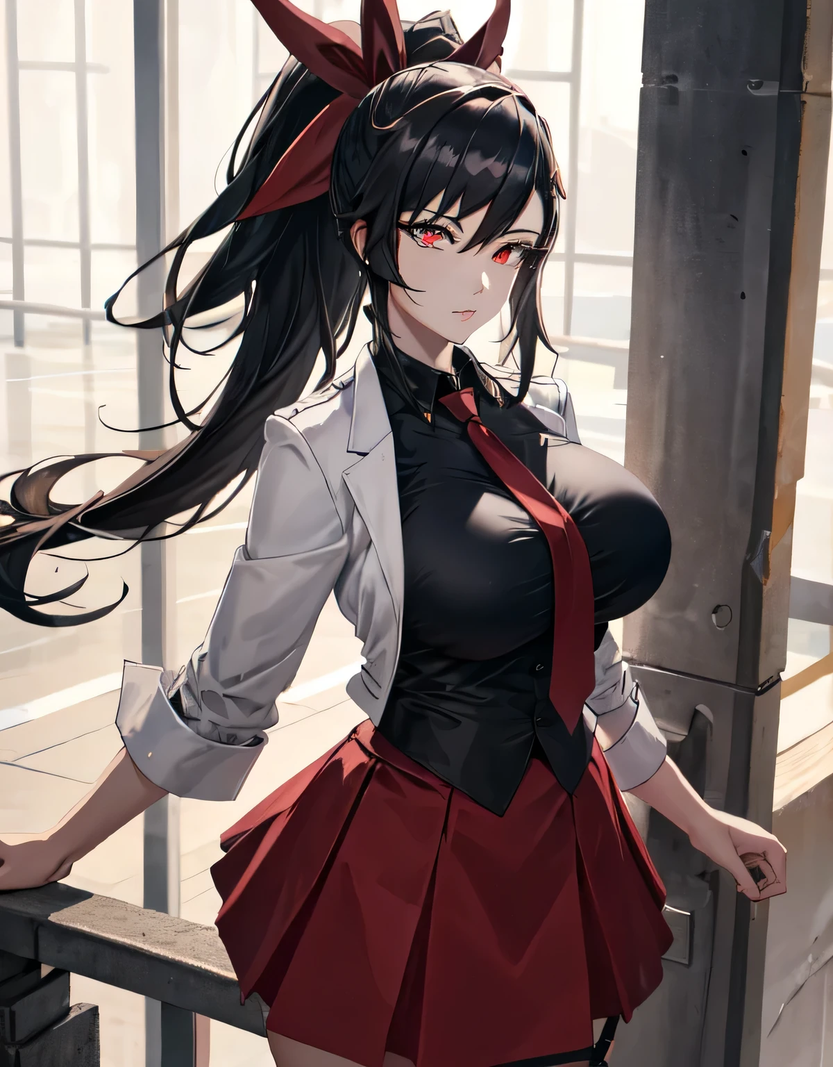 ha yuri zahard,shiny skin,(red eyes),white jacket,black shirt,necktie,red skirt,ponytail,hair ribbon,(large breasts:1.5),(shiny hair),((solo)),((masterpiece)),((best quality)),perfect anatomy,slim waist,perfect image,8k UHD,(beautiful detailed eyes:1.5),extremely detailed face,standing,(upper body:1.3),(look at the front:1.5),arms behindback,ultra-detailed,absurdres,highres,indoor arena,