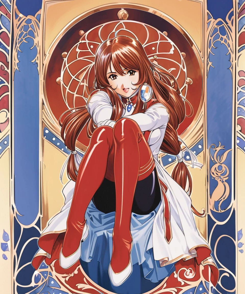 masterpiece, highest quality, divine qualities, godlike art, art nouveau watercolor, highly detailed face, very realistic, cute, Erica Fontaine, 1 girl, alone, long hair, low-tied long hair, boots, thigh boots, black stockings, gloves, brown hair, feather, brown eyes, red bodysuit, earrings, white shoes, jewelry, open your mouth, high heels, Open your legs to the sides, Fingers touching the crotch, cumming face, looking at the viewer, sitting, white gloves, white stockings, traditional media, Nice views , flower-like_background, Intricate designs and patterns in the style of Alphonse Mucha.from below