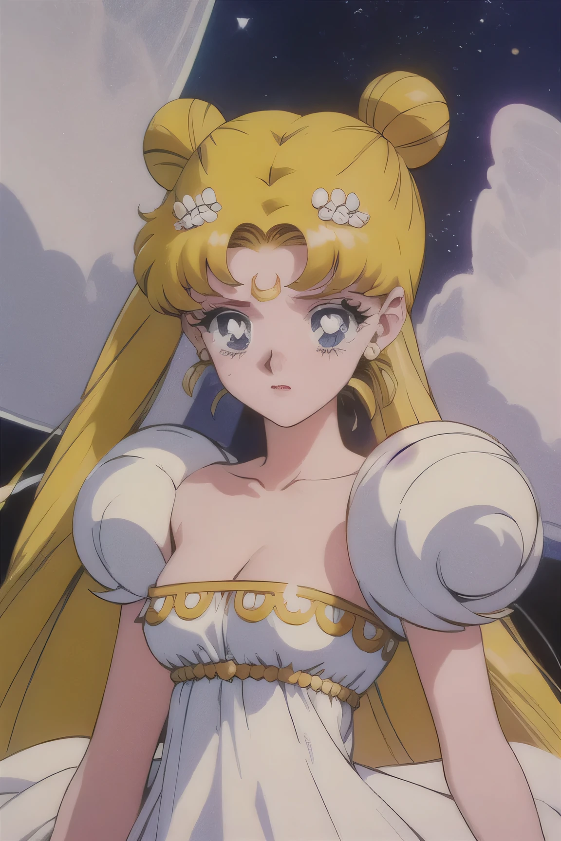 1990s \(style\), anime screencap, retro artstyle, anime coloring, traditional media, 1 girl, solo, princessserenity, blonde hair, hair ornament, forehead mark, earrings, white dress, stars background