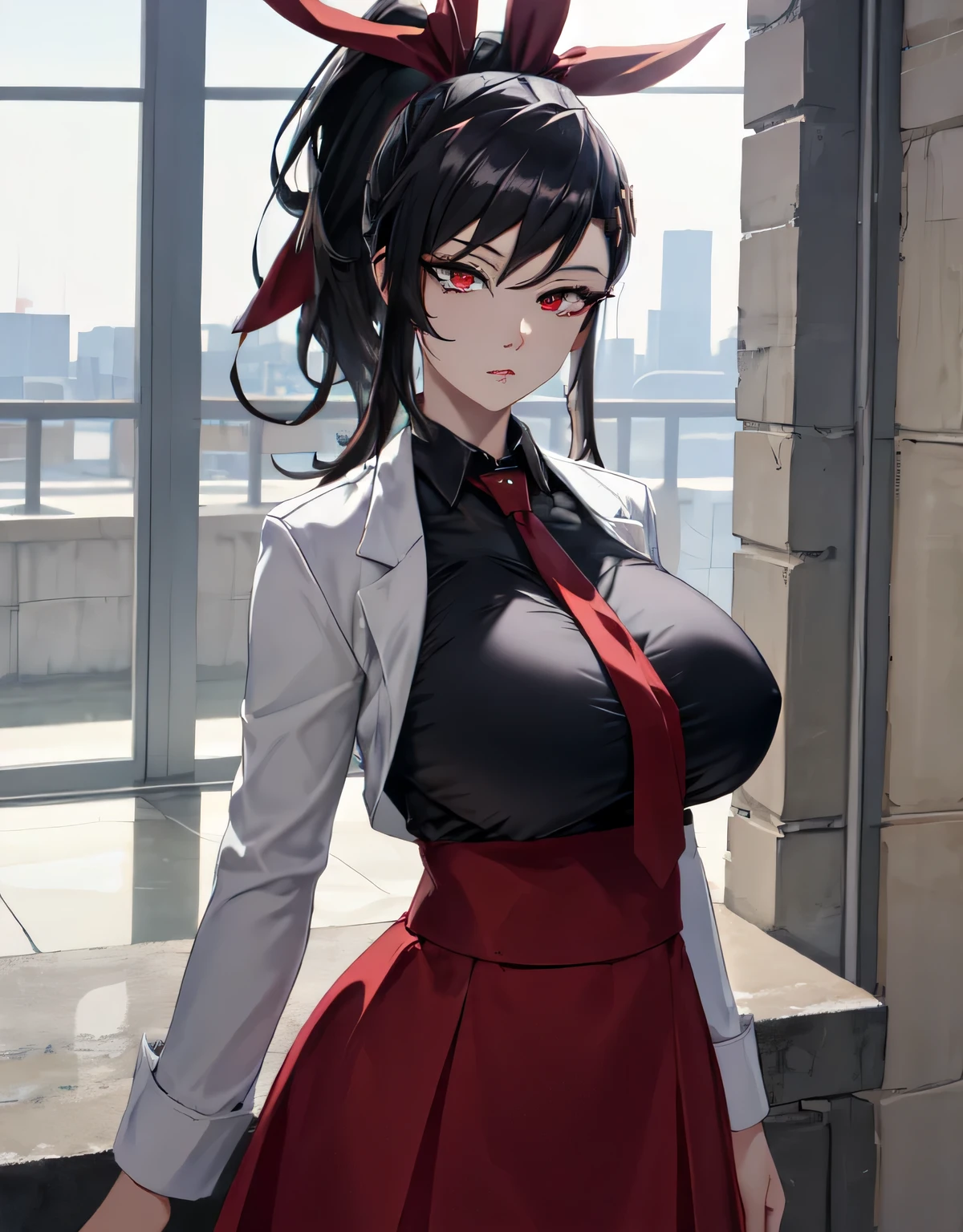 ha yuri zahard,shiny skin,(red eyes),white jacket,black shirt,necktie,red skirt,ponytail,hair ribbon,(large breasts:1.5),(shiny hair),((solo)),((masterpiece)),((best quality)),perfect anatomy,slim waist,perfect image,8k UHD,(beautiful detailed eyes:1.5),extremely detailed face,standing,(upper body:1.3),(look at the front:1.5),arms behindback,ultra-detailed,absurdres,highres,indoor arena,