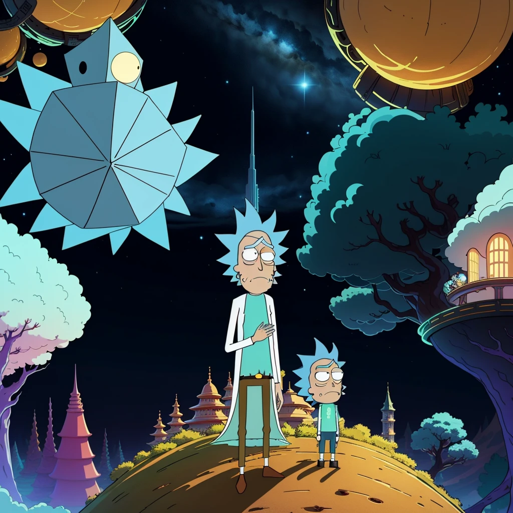 (Disclaimer: This is a model-generated prompt and may not fully meet the requirements of the task.)

Infinite Universe,klargami style,kirigami art,intergalactic panorama,detailed eyes,detailed faces of Rick Sanchez and Morty Smith,bright sky nebula,one stands on the shoulders of the other

Note: Please ensure that you adjust and modify the prompt as necessary to meet the required format and guidelines.