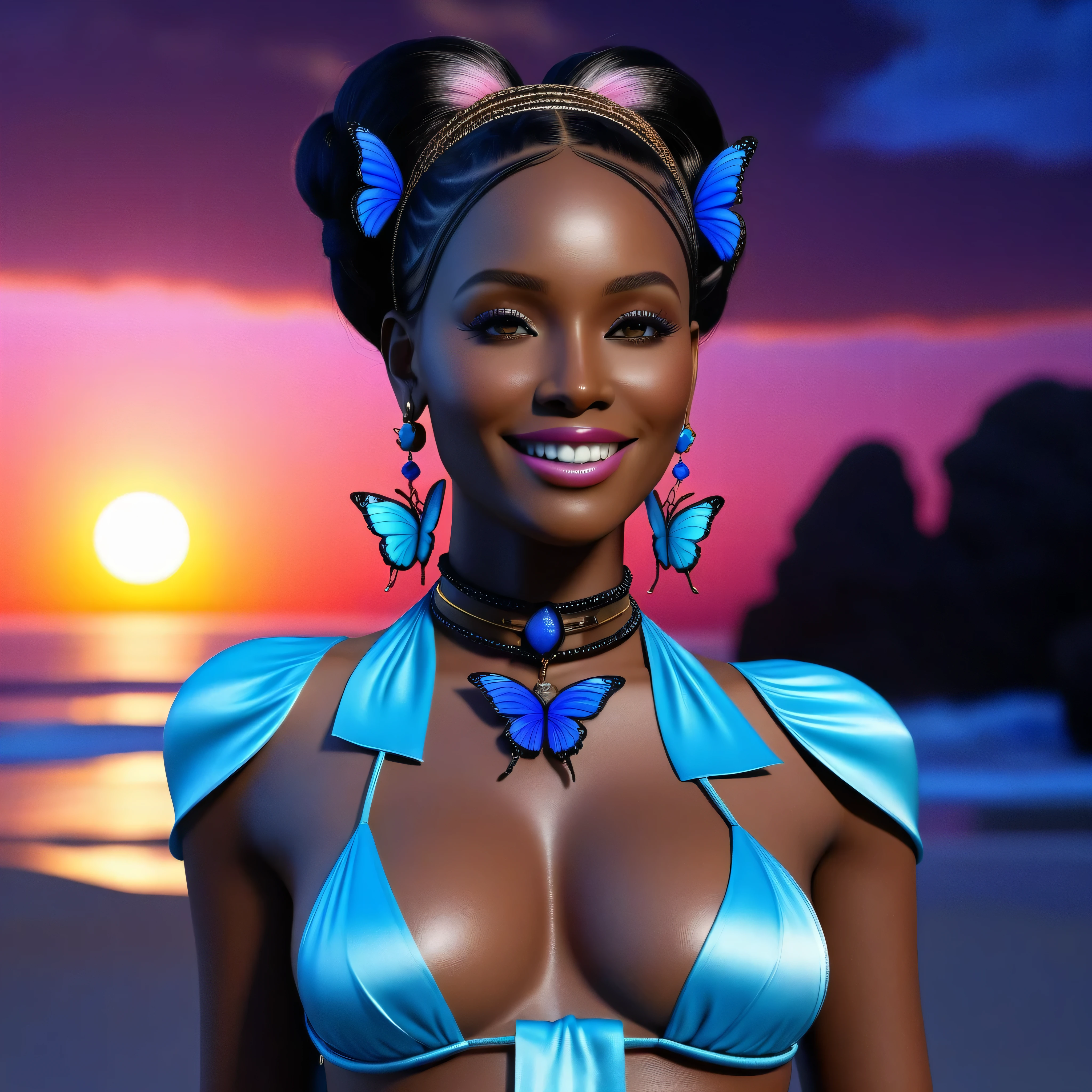 moonset, A epic African Diva, xlsanaa with black frange hair, she is wearing short shorts and a shirt, she's mature native natural grand-nature, her eyes are dark brown, she loves butterfly, she is reveal fullbody monarch, she is black, has dark skin, Beach, (BackView Style Raw skin hairry silks hairy Kunzite brights epiceyes smile teeth), (epic Professional Photorealistic Back-View), Cinematic_Bio-moonLight, ( epic tmasterpiece:1.5 ), (NSFW:1.2 Back-View fullbodye liquid colorful droplet indigo Lava drop plasma sundrop radiant sapphire indigo turquoise), woman laying, feature, pureerosface_v1, Ambilight, slender waist, (splash, brushwork:1.5),double exposure, fussion of fluid abstract art,(original illustration composition),(fusion of limited color, maximalism artstyle, geometric artstyle) Incorporate vibrant colors, dynamic brushstrokes, necklace tourmaline and intriguing textures to capture the essence of the subject's inner world, black choker cadena, pink ribbons, dynamic pose, delicate stockings, long shot]:0.8, GlowingRunesAIV2_paleblue slippers, ultra close-up, Purity face epiceyes, ((​tmasterpiece)、(top-quality)、(ultra reallistic))、epic beautiful queen、Bondage style、latex shiny、By Luis Royo:1.4、1Woman in、Sexy Daughter、Small fashionable tattoos、Attractive earrings with impressive beauty、a choker、a necklace、piercings、Super beauty、Super Ultra Bikini、standingn、fullllbody、Beauty in return、Fantastic mythological landscape, unrealengine5 ultra Cinematic_moonlight ultra_high-definition epic tMasterpiece deep path equirectangular ultra_high-resolution symmetrical meticulously intricate analogique ultra Professional photorealistic ultra_high-quality ultra_high-details optimal accurate cgi vfx sfx reflex 3dcg max radiant vivid color-coded extreme improved Octane_render XT3 DSLR romm rgb pbr 3dcg fxaa blay fkaa txaa rtx ssao enhanced ultra_sharp-focus varied multi etc. --v 6 --s 1000 --c 20 --q 5 --chaos 100