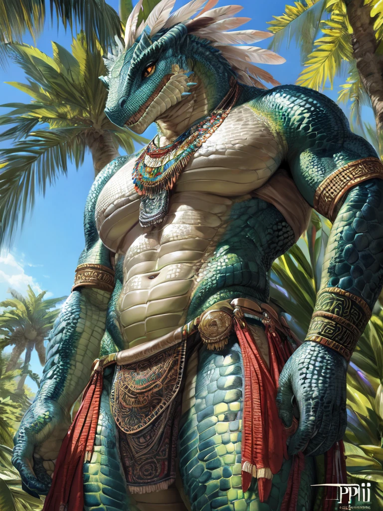 masterpiece, (realistic:1.15), (best quality:1.1), (absurd res:1.15), (highly detailed, extreme detail, (intricate details:1.25)), (actual_scales:1.15), (ultra detailed scales:1.27), (perfect detailed face:1.1), detailed eyes, vibrant colors, (by thebigslick:0.5), (by etheross:0.7), (by nezumi \(artist\):0.7), (by 68:0.9), (by meesh:0.7), (by pino daeni:1.2), by sagaris uwu, strong male lizardman, aztec, feather accessoriesathletic, abs, pecs, standing, low angle view, detailed scales, tribal tattoos, loincloth, breastplate., feathered hair