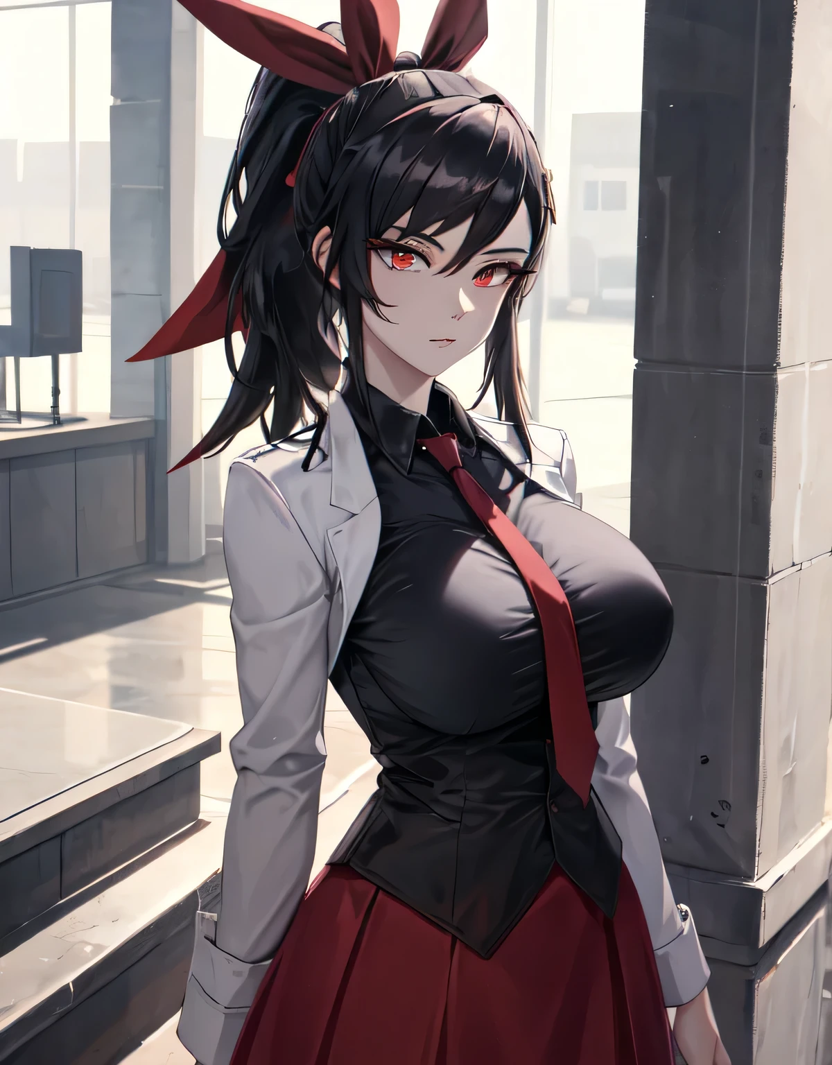 ha yuri zahard,shiny skin,(red eyes),white jacket,black shirt,necktie,red skirt,ponytail,hair ribbon,(large breasts:1.5),(shiny hair),((solo)),((masterpiece)),((best quality)),perfect anatomy,slim waist,perfect image,8k UHD,(beautiful detailed eyes:1.5),extremely detailed face,standing,(upper body:1.3),(look at the front:1.5),arms behindback,ultra-detailed,absurdres,highres,indoor arena,