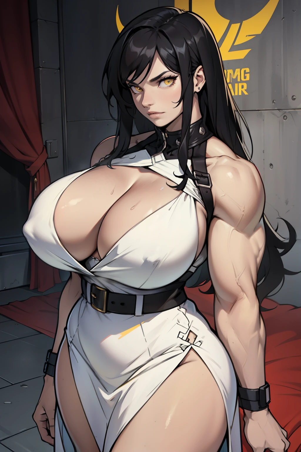 a muscular woman with massive breasts pale skin black hair and yellow eyes wearing a dress